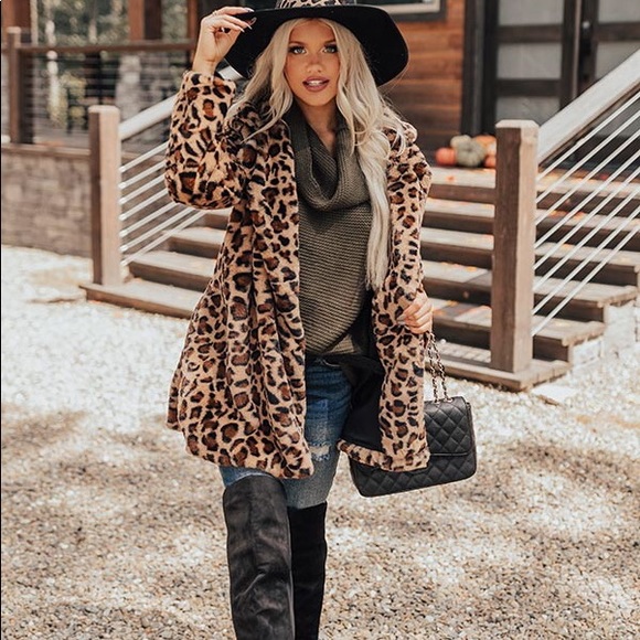 Leopard Print Pocket Coat Faux Fur Jacket - Picture 10 of 13